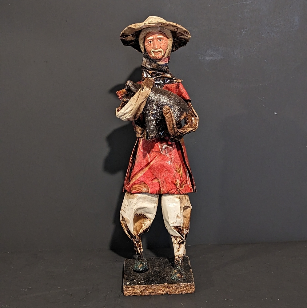 FIGURINE HANDMADE PAPER 12" MAN CARRYING PIG